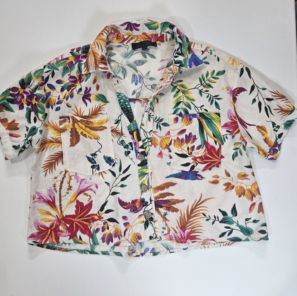 Rachel Roy‎ Linen Top Womens Small White Multicolor Tropical Floral Button Down